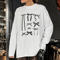 Enyami Chic Tops Long Sleeve Bow Printed Round Neck Women's White Knitted Oversized Shirt Casual T-shirt