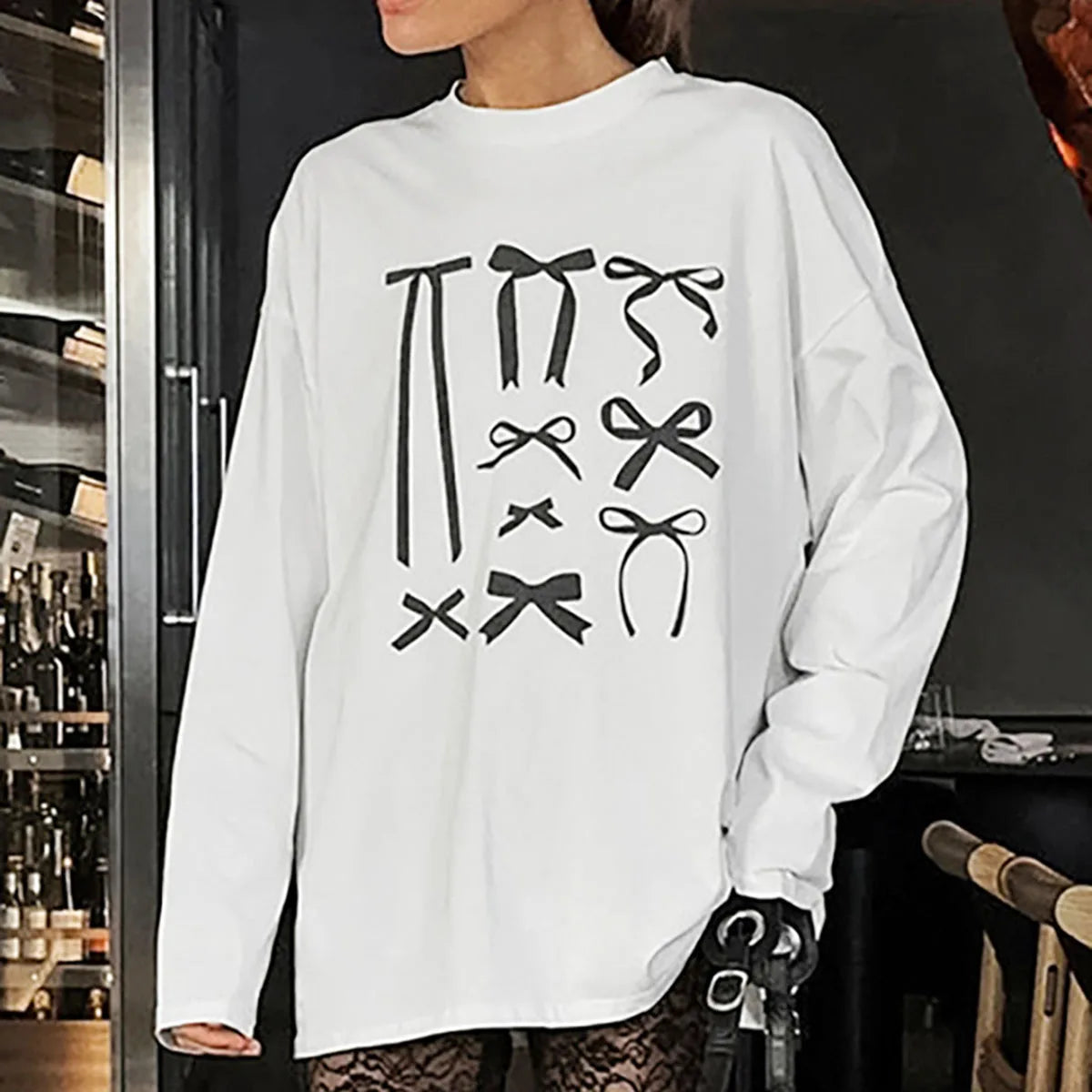 Enyami Chic Tops Long Sleeve Bow Printed Round Neck Women's White Knitted Oversized Shirt Casual T-shirt