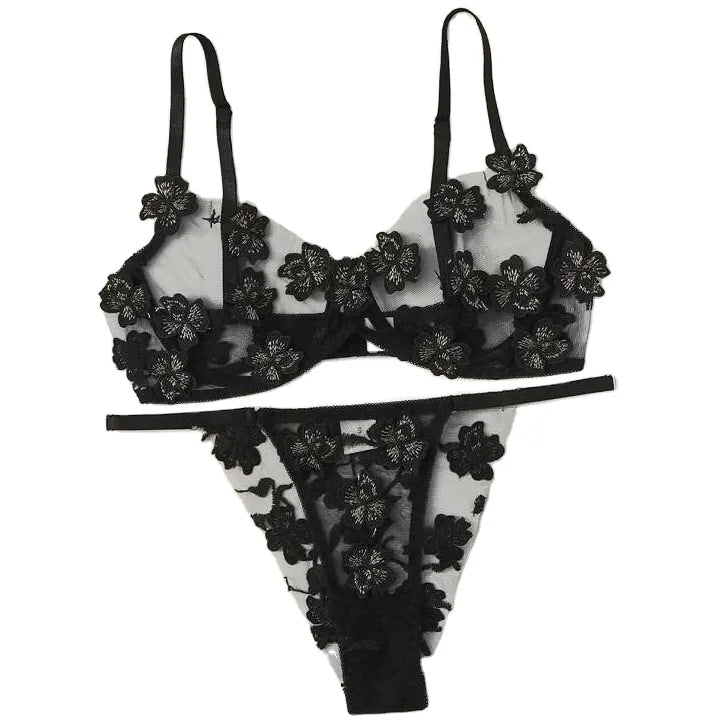 Hot Selling High Quality XL Size Casual Underwear Sexy Singerie Fresh Floral Embroidery Applique Mesh Bra with Woven Lace Bow