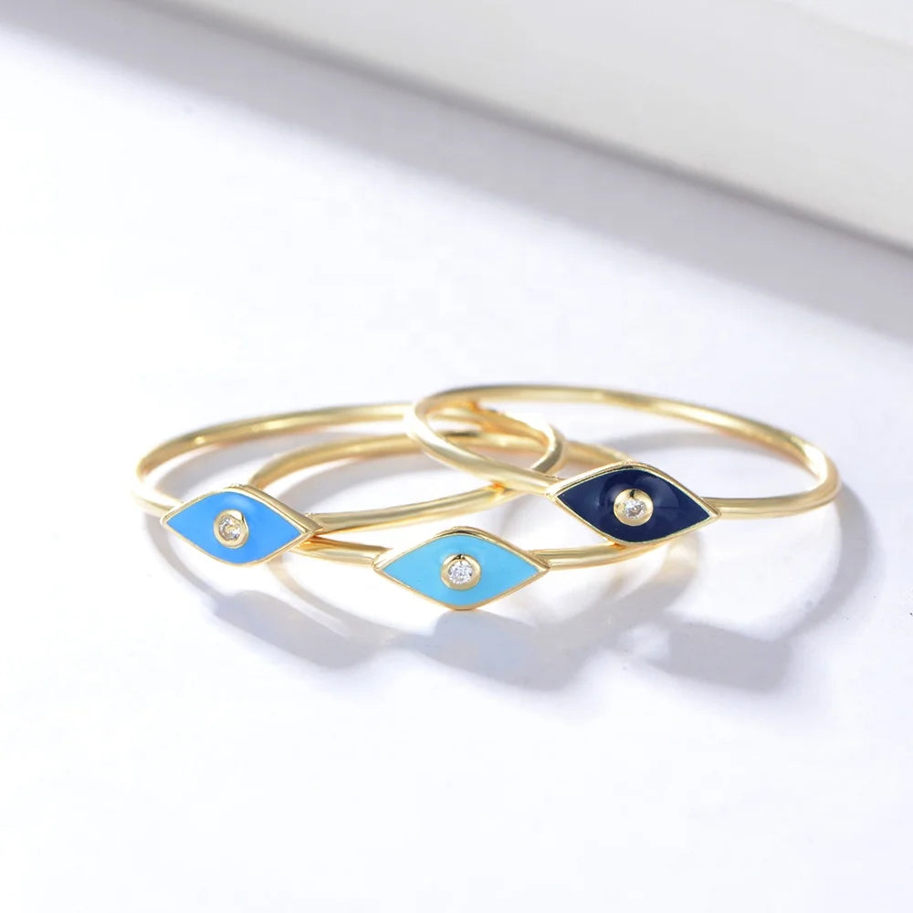 New Fashion 925 Sterling Silver Jewelry Gold Plated Cubic Zirconia  Devil Eye Colorful Enamel Rings for Women