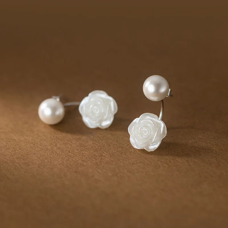 Simple 925 Sterling Silver Simulated Pearl White Rose Flower Women Female Stud Earrings