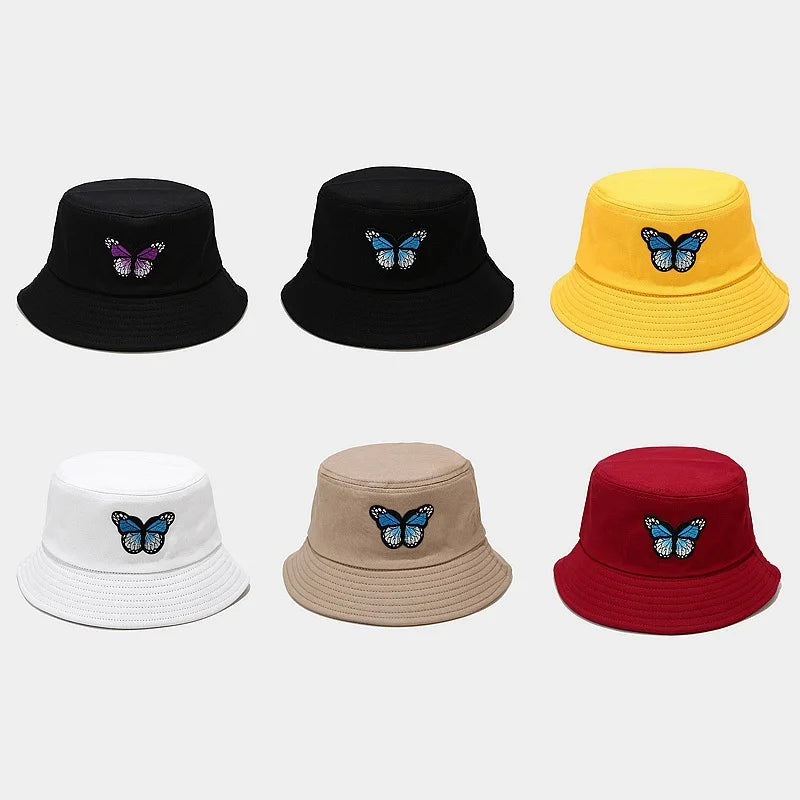 Wholesale Custom Printed Cotton Canvas Bucket Hat with Adjustable Head Circumference Sun Protection Blue Butterfly Embroidery