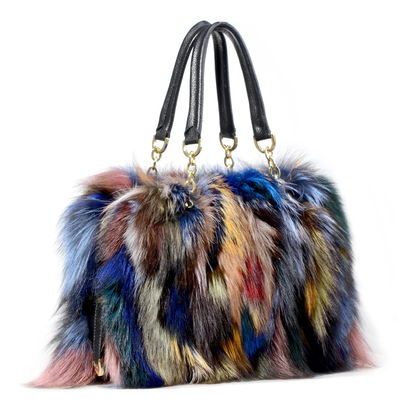 MWFur Fashion Winter Fashion Ladies Bag Fur Bag Zipper Handbag fox Fur Contrast Color Fur Women's Bag