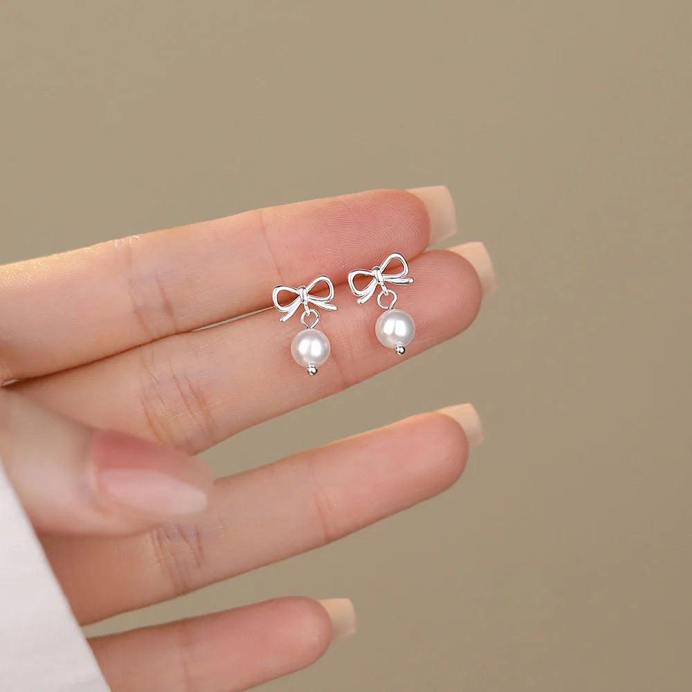 Sweet Simplicity 925 Sterling Silver Bowknot Pearl Stud Earrings for Women Jewelry Accessories YB-XY-198