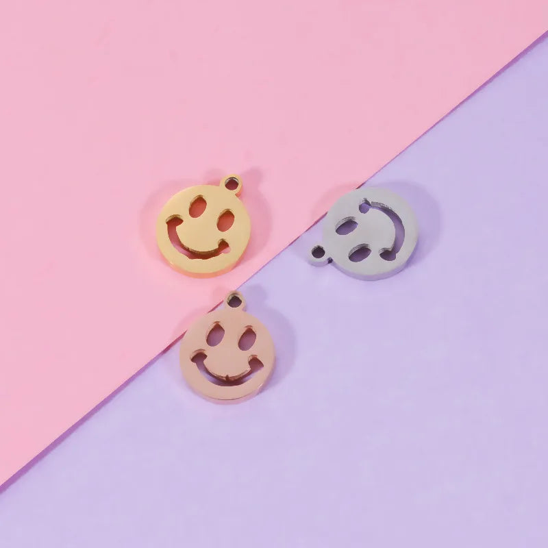 BASQUESUN Mirror Stainless Steel 9mm Outer Hole Circular Hollow Smiling Face DIY Customizable Engraved Pendant Accessory
