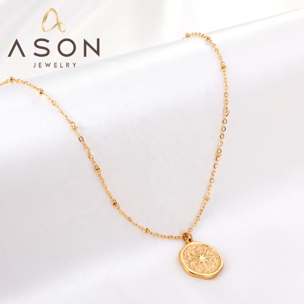 Ason Jewelry 18k Gold Plated 316L Stainless Steel Irregular Round Lucky Star Pendant Necklace