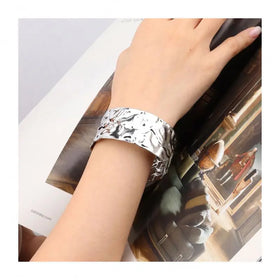 Chris April Fashion Design 316L Stainless Steel Chunky Wide Bumpy Hammered Texture Cuff Bangle