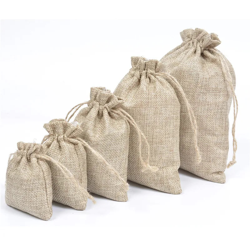 Wholesale Custom Logo Environmental Protection Package Candy Candle  Folding Jute Linen Hemp Drawstring Shopping Bag