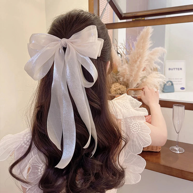 Oversized Long Ribbon Hair Bow Barrettes Organza Hair Pin Metal Spring Clip Large Bow Hair Accessories for Women