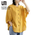 Liu Ming Popular Products Summer Oversized Cotton Linen O Neck Button up Half Sleeve Blouse Solid Color Shirts for Women