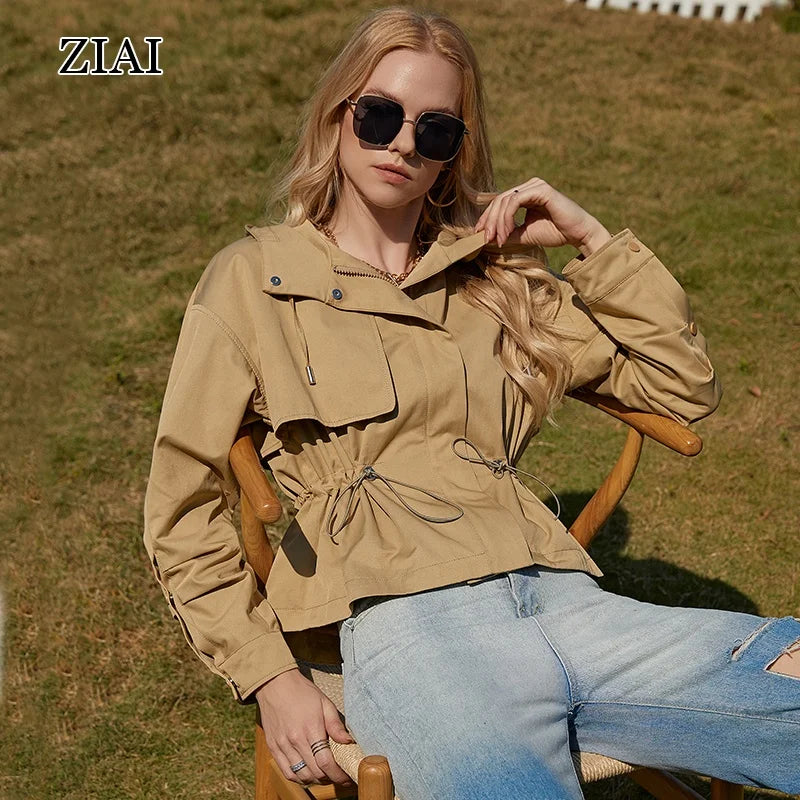 Customized Spring Windbreaker Foreign Style Short Hooded Trench Coat Female British Style Bf Tooling Jacket