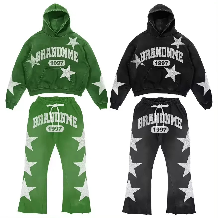 Manufacturers for Customs Clothes Screen Printing Stacked Sweat Pants Sweatsuit Flared Sweatpants and Hoodie Sets