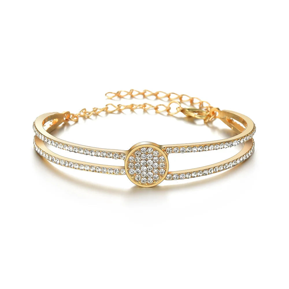 Fashion Shining Crystal Round Disc Bangles  Adjustable 3 Colors Double Deck Rhinestone  Bangles