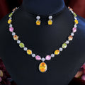 Noble 2pcs Jewelry Sets Oval Rainbow Color Cubic Zirconia Pendant Necklace Dangle Earring Women Bridal Party Costume Accessories