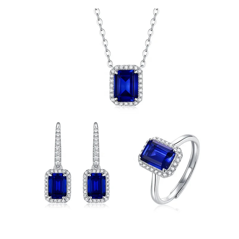 Three-Piece Lab-Created Blue Sapphire Engagement Gift Christian Party Set 925 Sterling Silver Platinum Plated Jewelry Emerald