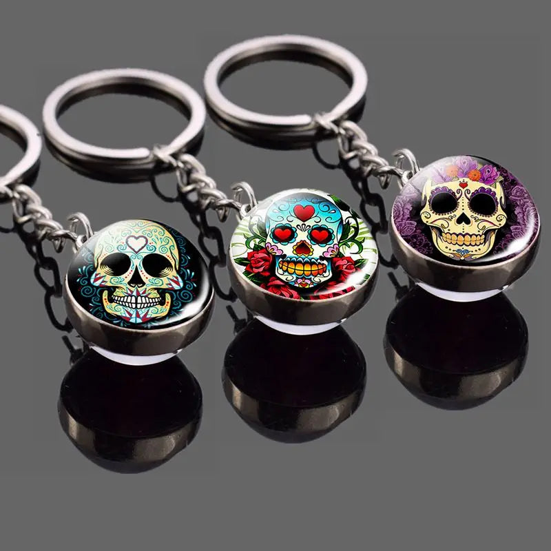 Sugar Skull Keyring Luminous Skeleton Glass Ball Pendant Glowing Jewellery Candy Skull Glow in the Dark Key Chain