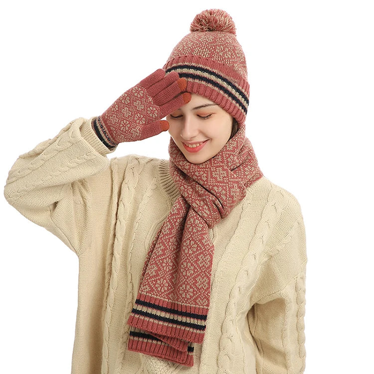 New Designs Three-piece Women Warm Winter Beanie Scarf Mitten Print Beanie  Scarves Set