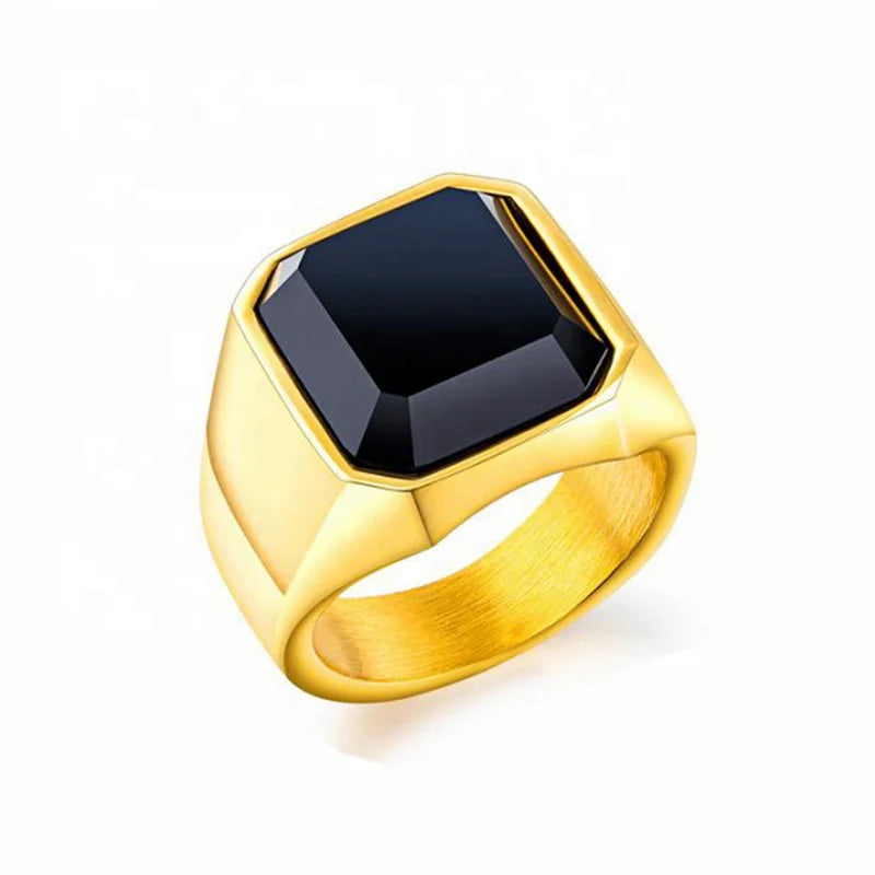 Fashionable Trendy Contracted Wide Geometric Inlaid Glass Stone Stainless Steel Men's Rings