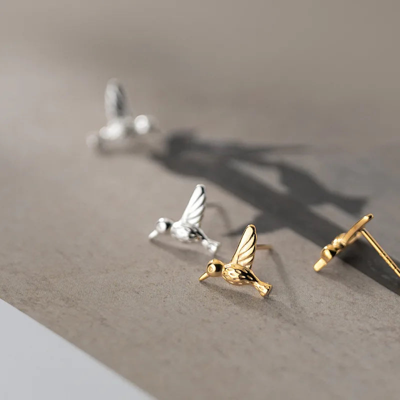 Fashion Cute Small Hummingbird Shape 18K Gold Plated 925 Sterling Silver Stud Earrings Jewelry for Women