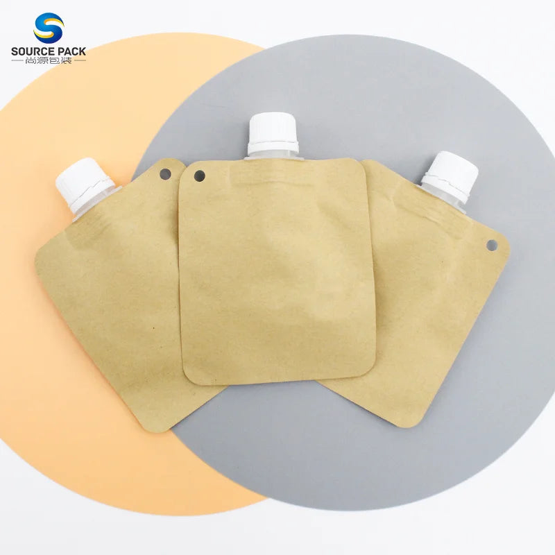 Custom Eco Friendly Sustainable Liquid Drink Packaging Spouted Bag Biodegradable Brown Kraft Paper Spout Pouch for Beverage