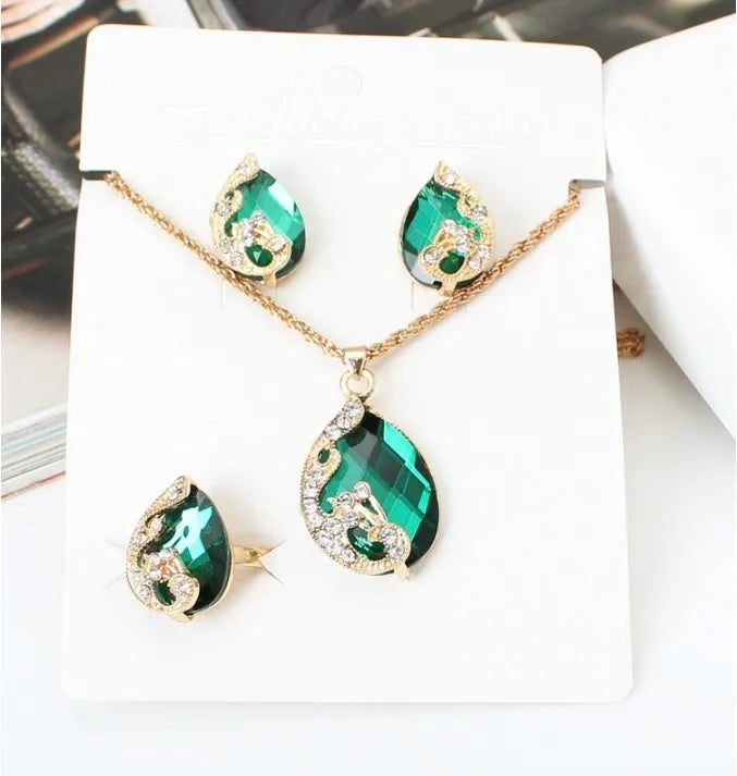 Fashion Crystal Necklace Ring Earring Jewelry Set Water Drop  Shape Pendant Bridal Jewelry Set for Women and Girls