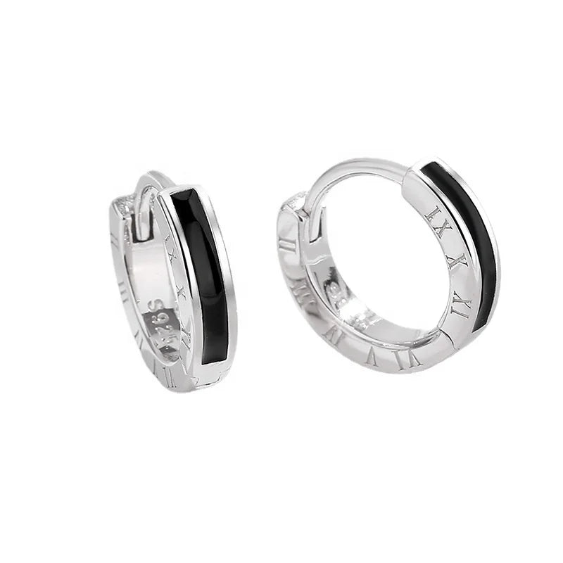Rainbowking S925 Sterling Silver Black Drop Glue Ear Buckle Men's High-end Sense Ins Roman Numeral Earrings Niche Earrings