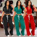 Custom Logo Spring Women Short Sleeve Stand Collar Front Zipper Crop Top Long Pants Women Casual Two Pieces Set