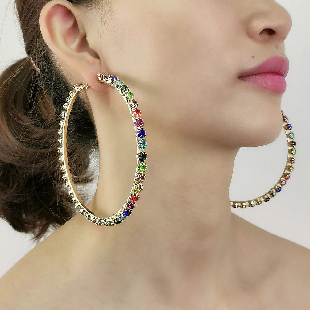 Trendy Classic Trendy Rainbow Colorful Rhinestones Hoop Earrings for Women Big Assorted Styles Crystal Geometric Square Earring