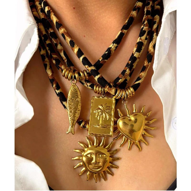 Autumn Winter Ladies Necklace Trendy Stainless Steel Pendant Geometric Pattern Cross-Border Design Velvet Rope Versatile Party