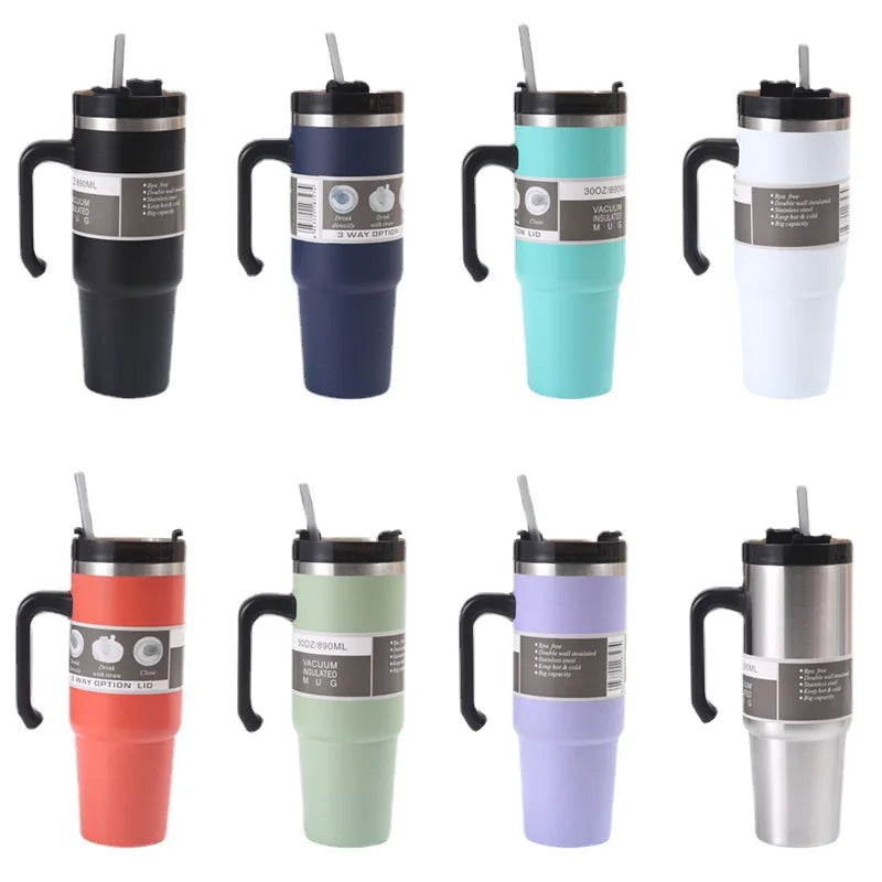 Madou Portable Large Capacity Insulated Vacuum Double Wall Thermos Cup 304 Stainless Steel Clear Lid Handle Light Hot Office Cup