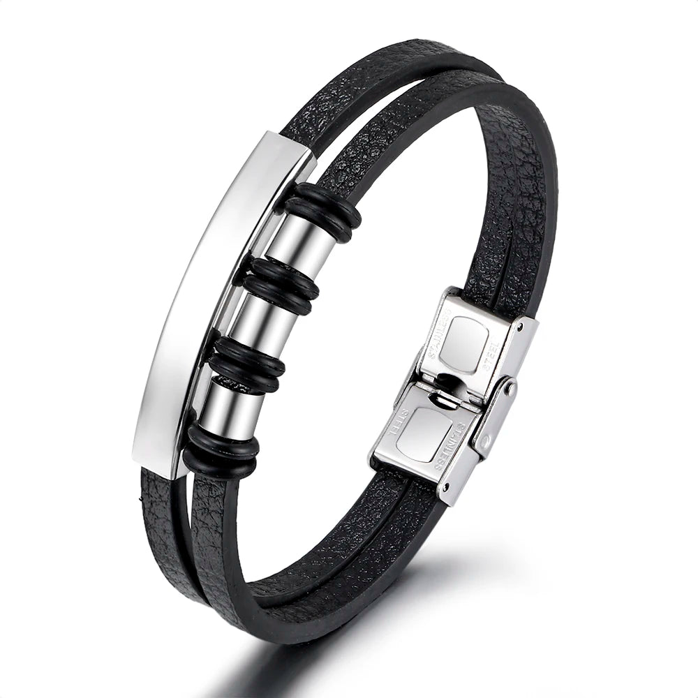 Vintage Classic Double-layer Black Stainless Steel Leather Rope Braided Men's Bracelet