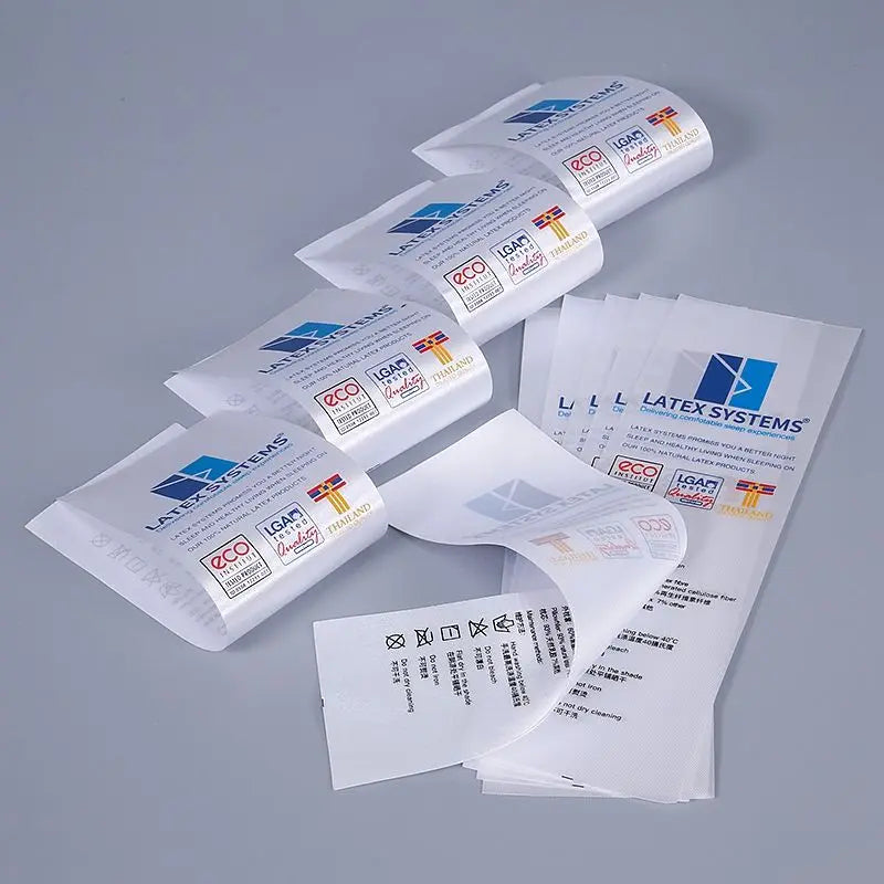 Custom OEKO-tex 100% Polyester Printed Satin Cloth End Fold Care Labels for Home Textiles Comforter Washing