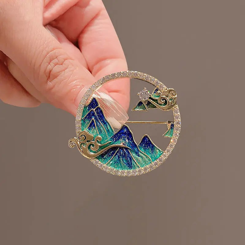 Chinese Style Mountain and River Pictures Brooch Men and Women Exquisite Corsage Creative Suit Pin Elegant Metal Decorative Gift