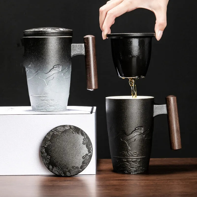 Black Stoneware Mountain Shape Ceramic Cup with Wooden Handle and Infuser for Tea Gifts