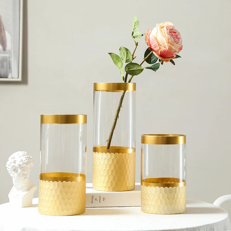 Modern Nordic Style Luxury Honeycomb Cylindrical Glass Vase Classic Home Decorative with Large Small Sizes for Top Table Decor