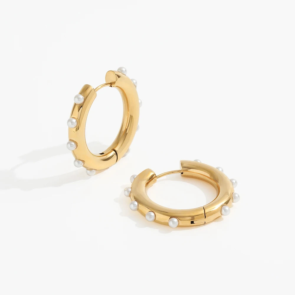 18k Pvd Gold Plated Non Tarnish & Waterproof Pearl Stainless Steel High Quality Hoop Earring for Women Gold Jewelry