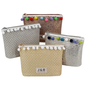 INS Hotsale Summer Stripe Hawaii Clutch Bag With Pompon Custom Natural Pom Straw Makeup Cosmetic Festival Gift Beauty Bag