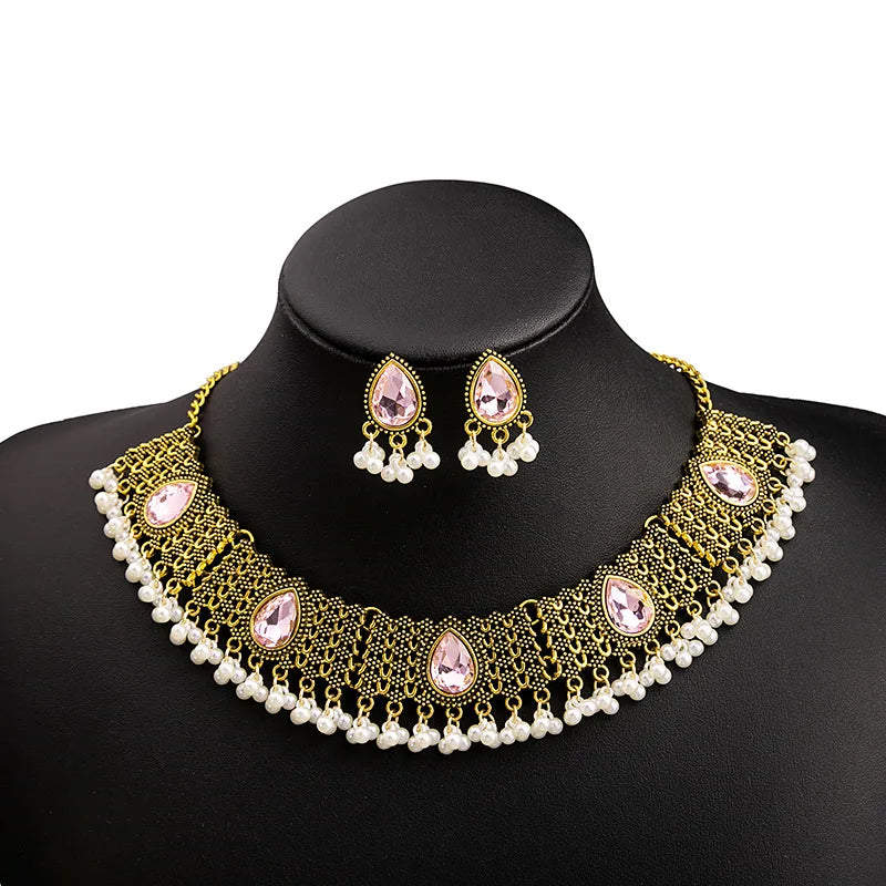 Bohemian Metal Style Pearl Tassel Earrings Exaggerated Personalized Accessories Retro Hollow-out Gem Necklace Set