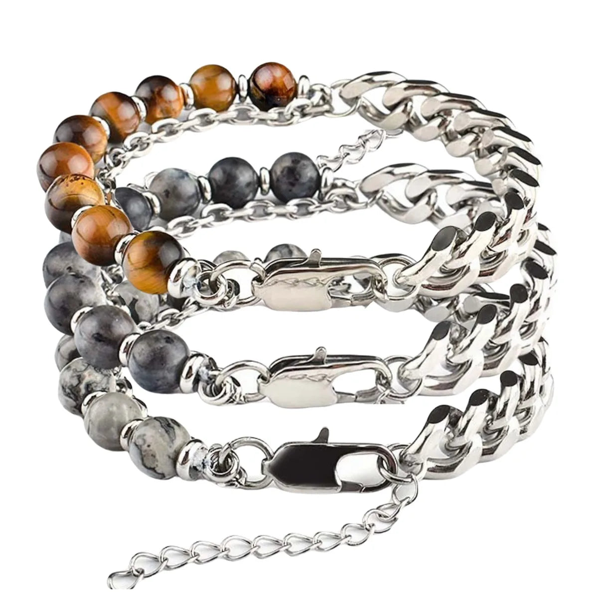 Wholesale Beaded Double Layer Stainless Steel Chain Gemstone Bracelet Classic Men's Fashion Jewelry