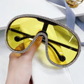 Hot Big Vintage Oversized Square Fashion Diamond Sunglasses Frame Yellow Rhinestone Champagne One-Piece  Lens Glasses With Uv400