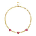 High Quality 18K Gold Plated Stainless Steel Jewelry Cuban Chain Rose Red Zircon Heart Charms Necklaces P213271