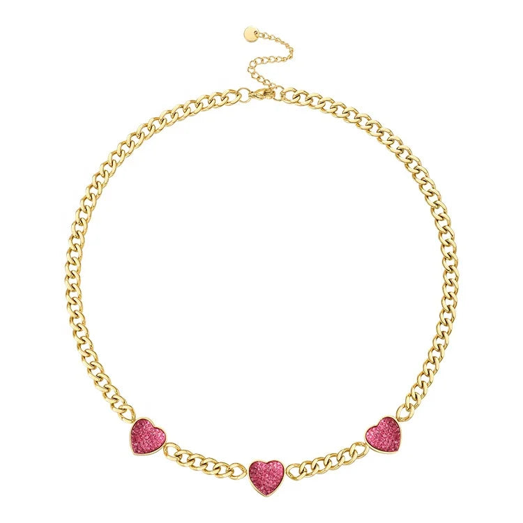High Quality 18K Gold Plated Stainless Steel Jewelry Cuban Chain Rose Red Zircon Heart Charms Necklaces P213271