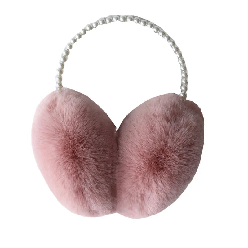 MIO Fashion Plush Earmuffs for Women Pearls Headband Winter Soft Fluffy Faux Fur Ear Muffs Warm Ear Plain Color Earmuffs