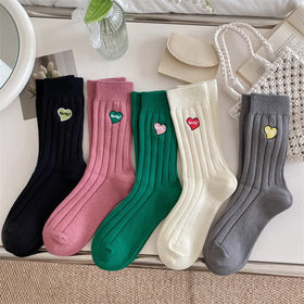 Wholesale Fashion Solid Color Heart Embroidered Socks Casual Premium Cotton Ribbed Crew Socks for Women