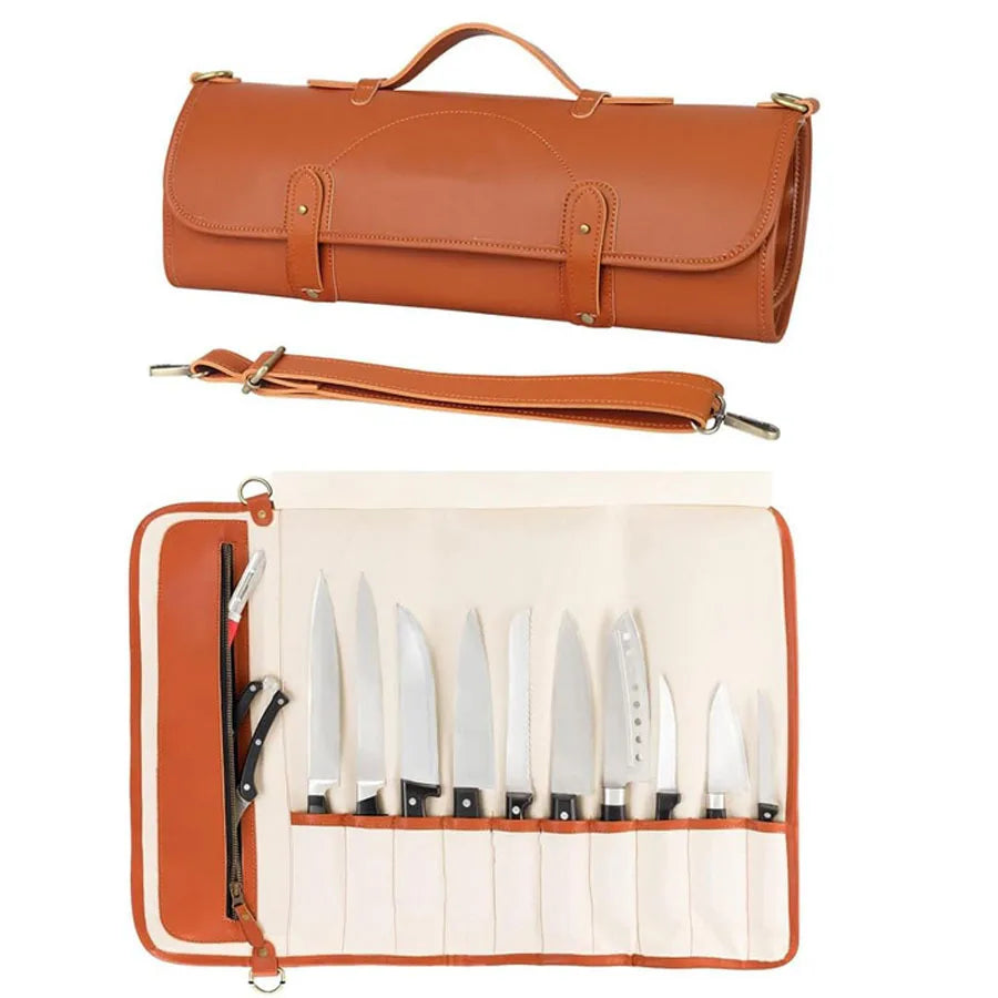 Knife Slots Waterproof Leather Adjustable Strap Gift Chef Backpack Shoulder Pouch Large Zipper Pocket Tool Knives Roll Bag