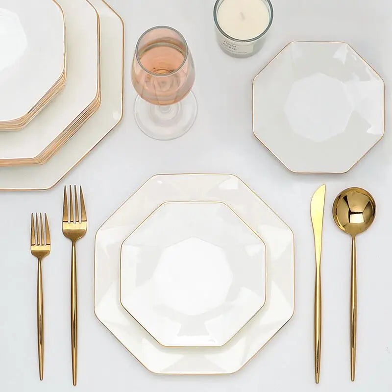 Wholesale Cheap OEM Hotel Restaurant Eco-Friendly Bone China Gold Inlay Modern Luxury Dinner Set for Banquet Hall Use Made China