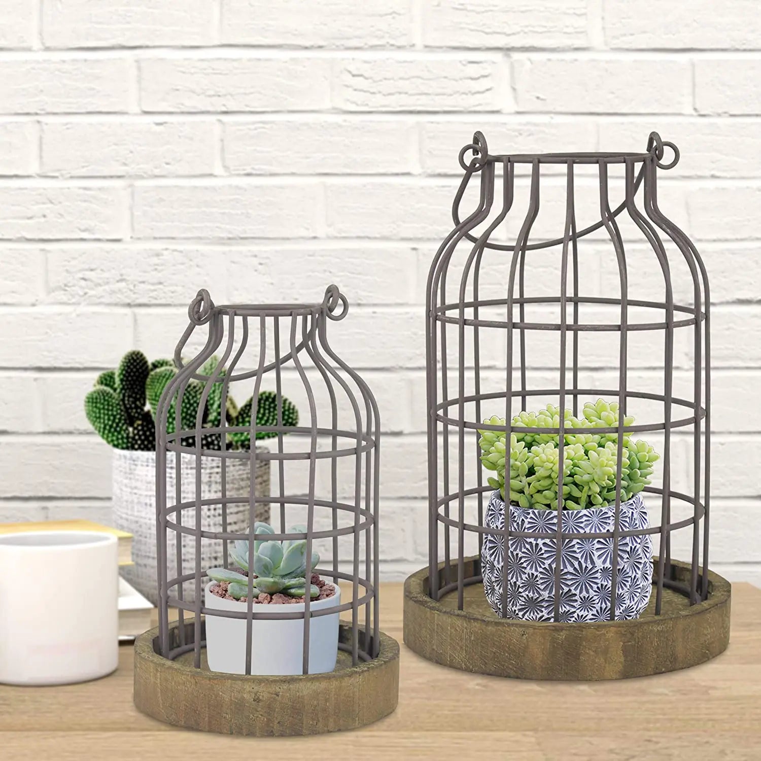 Handmade Custom Size Home Decoration Plant and Pot Organizer Metal Cloche Candlestick Holder with Wood Base Custom Logo