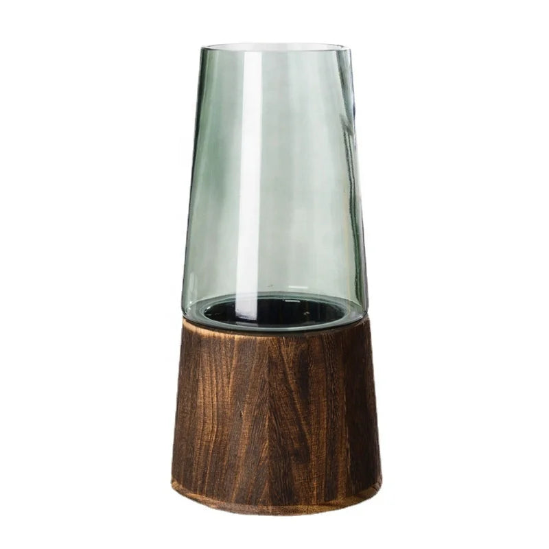 Solid Wood Glass Vase Light Luxury Modern Large Calibre Aquatic Bamboo Flower Arrangement Home Decoration