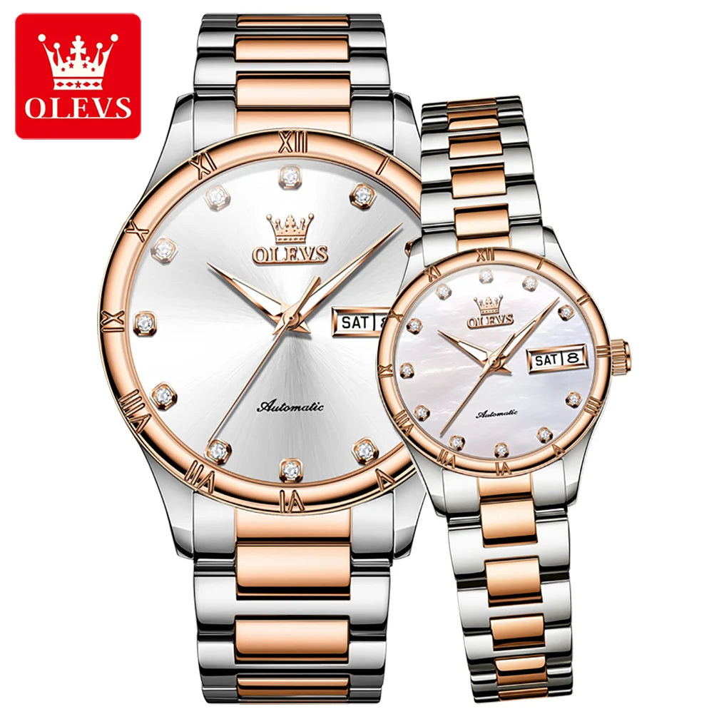 OLEVS  7030 Mechanical Watches Charm Analogue Orologio Luminous Montre Stainless Steel Bracelet Classic Lover Watch for Couple