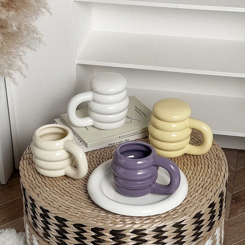 Solhui Wholesale Solid Color Ceramic Fat Coffee Mug with Lid Ins Creative Office Water Cup